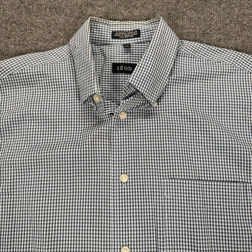 IZOD Mens Medium Blue White Micro Check Sueded Short Sleeve Button Down #4146